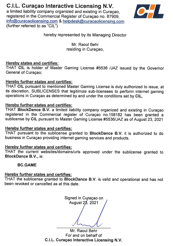 BC.GAME's Official Gaming License